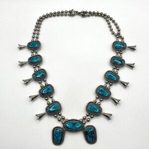 Vintage Goldette Squash Blossom Faux Turquoise Silver Southwest Style Necklace